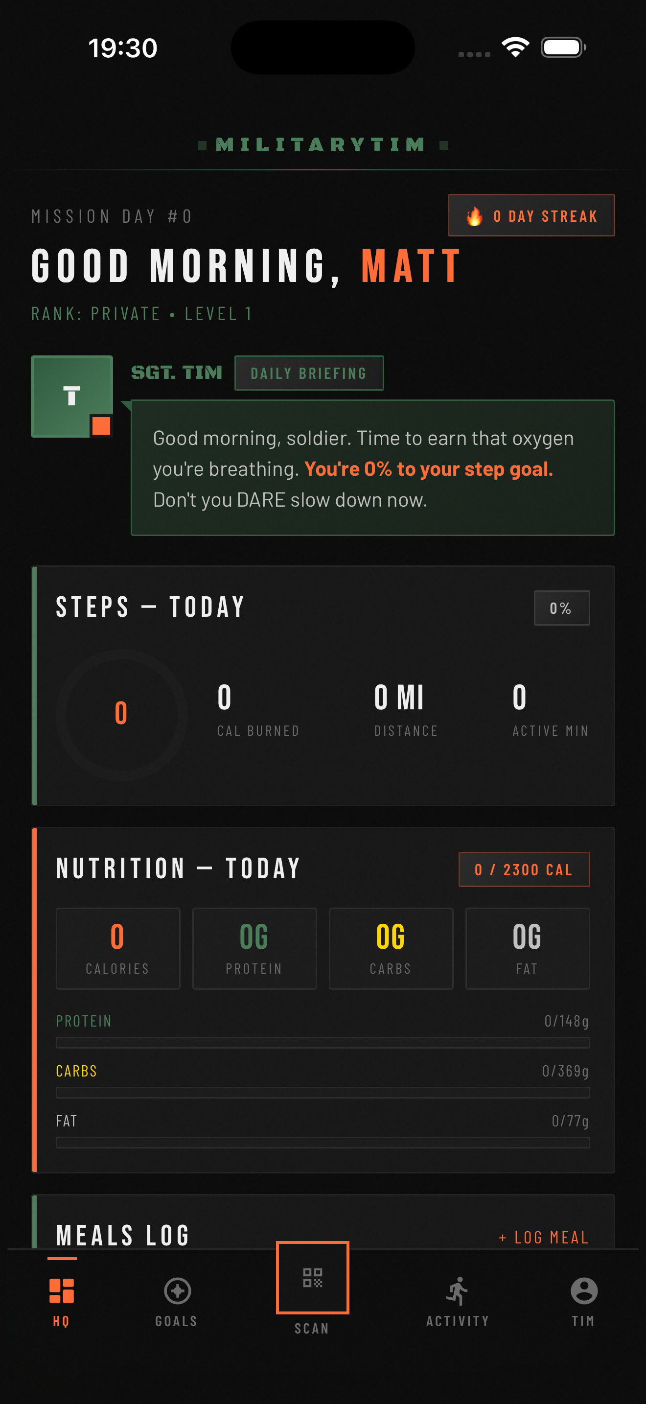 MilitaryTim Dashboard - Track macros, steps, and get roasted by your AI drill sergeant